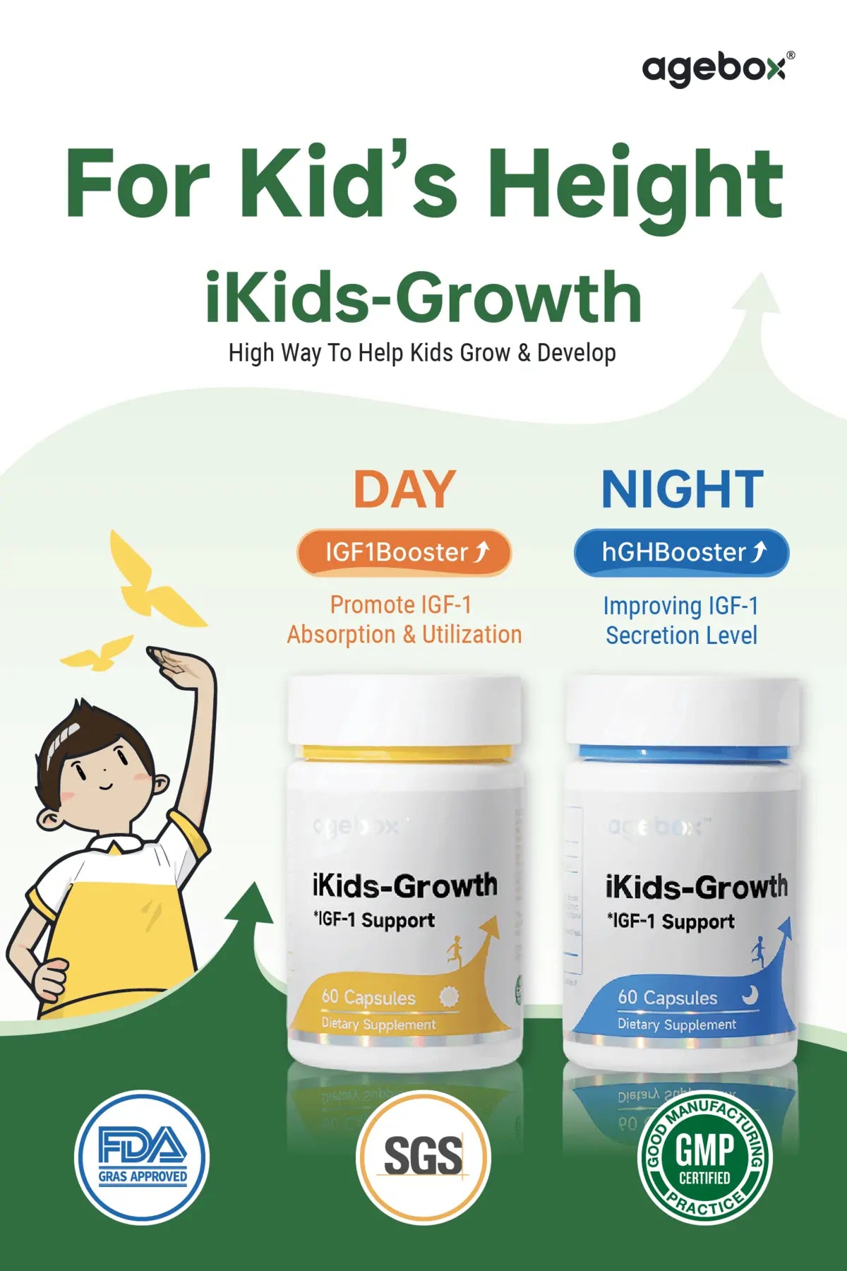 AGEBOX iKids-Growth Helps Kids Grow & Develop Healthily for Kids Ages 5 to 18 (Day + Night)